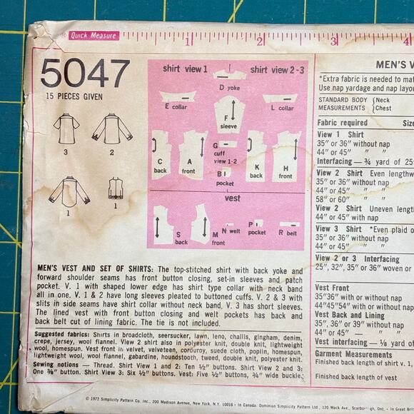 Vtg Simplicity Pattern 5047 Men's Set of Shirts Vest Long-Short Sleeves Uncut 38 - Picture 4 of 8